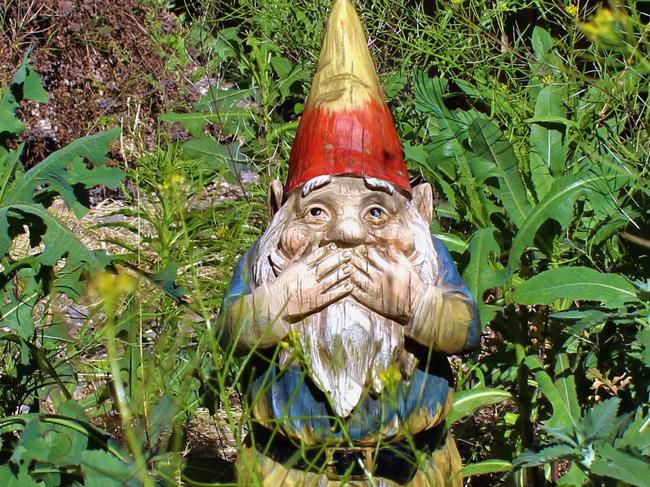 Garden gnome disgusted by overgrown side yard.