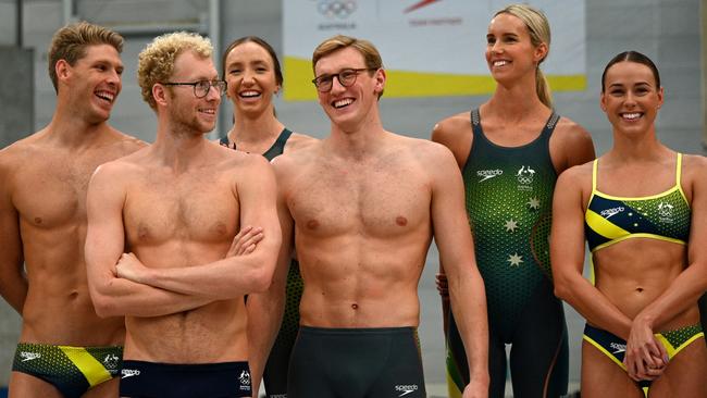 The Australian team showing of the uniform for the upcoming Tokyo Olympics. Picture: Saeed Khan/AFP