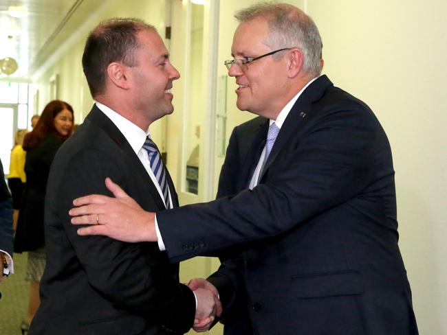 PM elect Scott Morrison leaves the party room with Josh Frydenberg after winning today's party vote. Picture: Ray Strange.