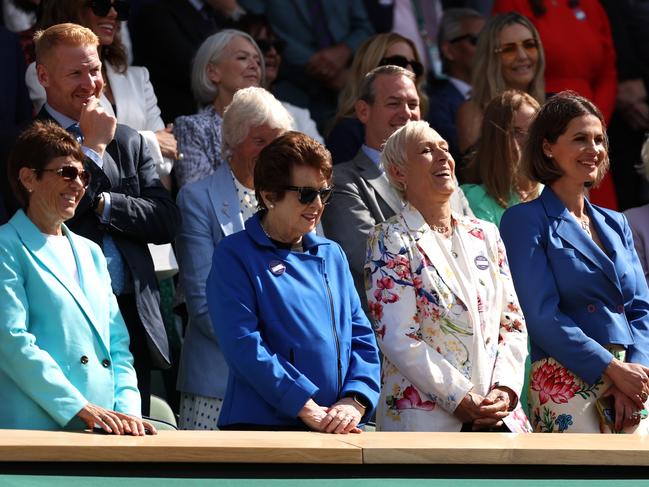 Ilana Kloss, Billie Jean King, Martina Navratilova and Julia Lemigova react from the Royal Box following Barbora Krejcikova’s victory against Jasmine Paolini of Italy. Picture: Getty Images