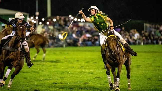 Lindsey Doolan playing in the 2022 Anzac Test Series at the Warwick Polocrosse Club. Picture: the wife creative.