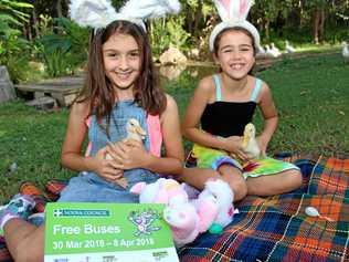 ALL ABOARD: Getting into the Easter spirit for the launch of Noosa Council's Easter Free Holiday Buses are local kids Georgia and Annabelle. Picture: Contributed