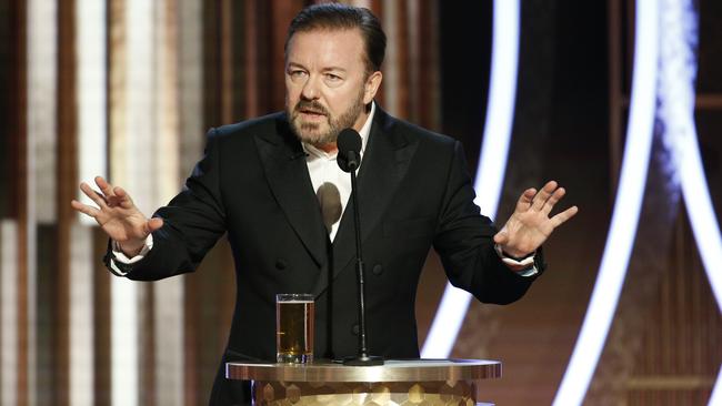 Ricky Gervais during his opening monologue at the Golden Globes. Picture: Getty Images