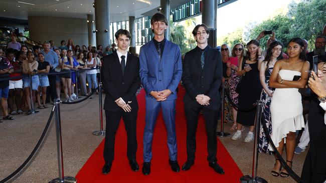 Zion Forrester, Cameron Rose and Boone Ehrlich arrive at the Trinity Bay High School formal evening, held at the Cairns Convention Centre. Picture: Brendan Radke