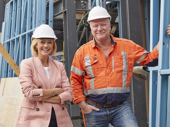 The Block hosts Shelley Craft and Scott Cam on the construction site at The Oslo. Supplied by Channel 9.