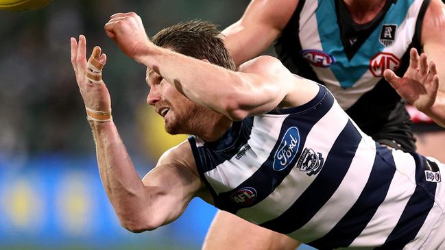 Patrick Dangerfield’s broken finger was heavily strapped in Geelong’s disappointing loss to Port Adelaide.