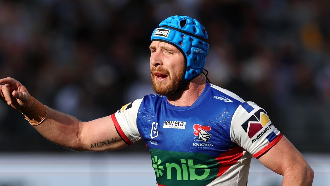 PERTH, AUSTRALIA - AUGUST 05: Jackson Hastings of the Knights reacts during the round 23 NRL match between Dolphins and Newcastle Knights at Optus Stadium on August 05, 2023 in Perth, Australia. (Photo by Will Russell/Getty Images)