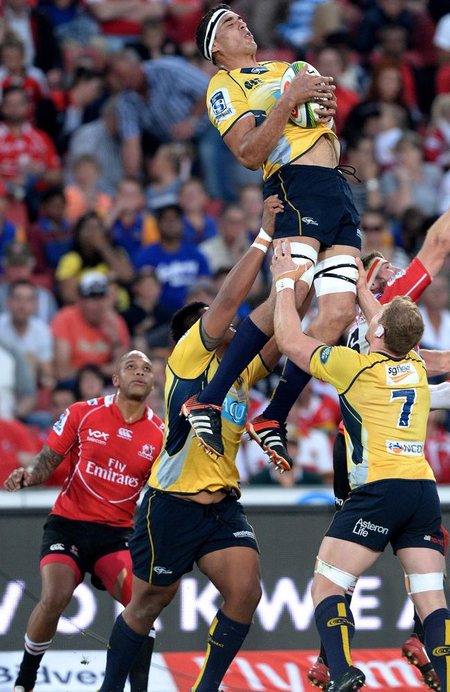 Rory Arnold of the Brumbies wins a line-out against the Lions.