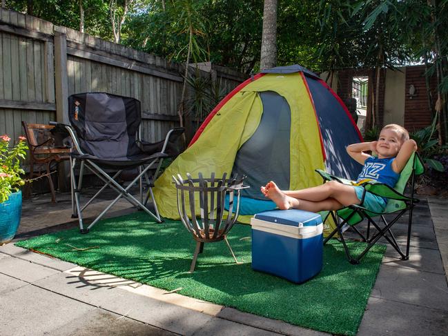 Soon to be 4 Joshua Cooper at home this Easter in Noosaville with his tent. Photo: Nicola Powell