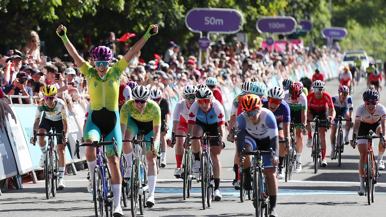 Georgia Baker crosses the line to take gold in the women’s road race. Picture: Luke Walker/Getty Images