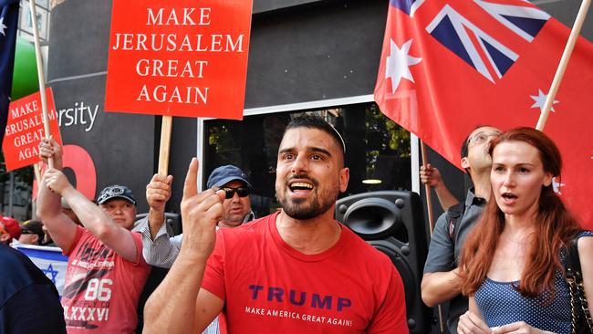 A pro Israeli group in support of Donald Trump outside the State Library. Picture: Jason Edwards