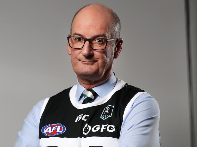 David Koch, Port Adelaide chairman, wearing the clubs black and white striped guernsey. The fight between Port Adelaide and Collingwood football clubs has heated up today with the fight over the wearing of the black and white guernsey referred to the AFL's legal department. Picture: Jonathan Ng