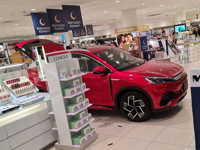 An electric vehicle crash at the Liverpool Westfield shopping centre in Sydney left two people in hospital on March 16, 2024. Picture: 9News