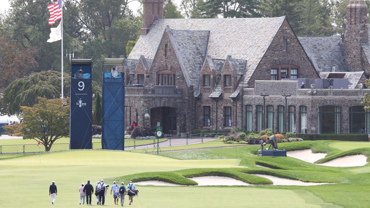 A general view of golfers walking on the ninth hole during a practice round prior to the 120th U.S. Open Championship at Winged Foot Golf Club.