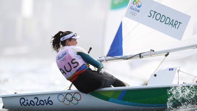 Australia's Ashley Stoddart sailing in Race 1 of the Women's laser radial at Marina da Gloria during day 3 of the Rio 2016 Olympic Games. Picture. Brett Costello