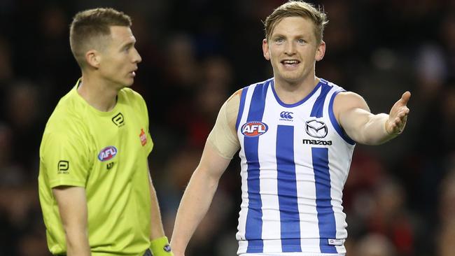 Jack Ziebell talks with the umpire after giving away a free kick. Picture: Michael Klein