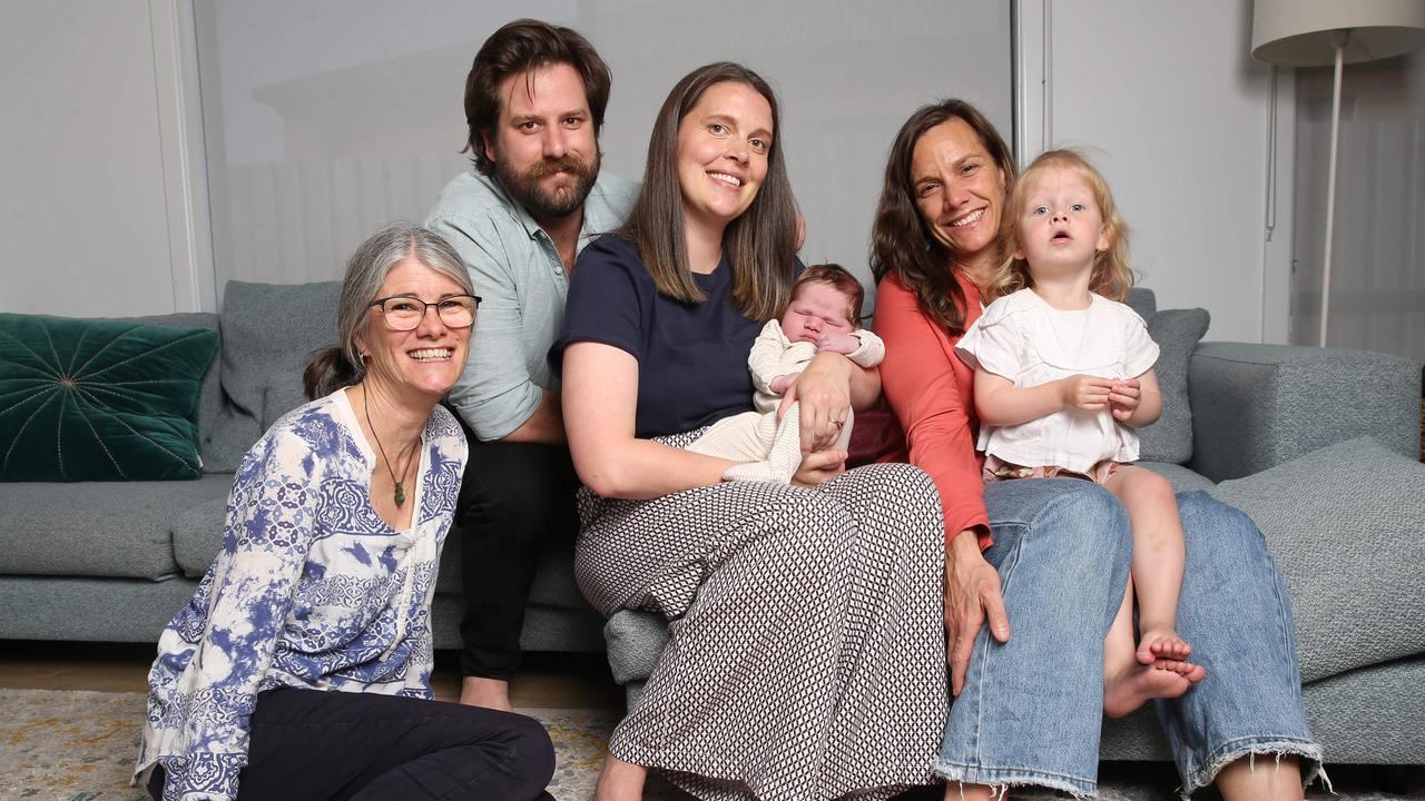 Midwives Lynne Pyke and Jenny Jackman on the outside with Dom and Olivia Spiller with week old Rafferty and two-year-old Clementine. Picture: Alan Barber