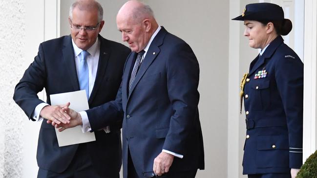 Scott Morrison leaves Government House after meeting with Governor General Peter Cosgrove. Picture: AAP.