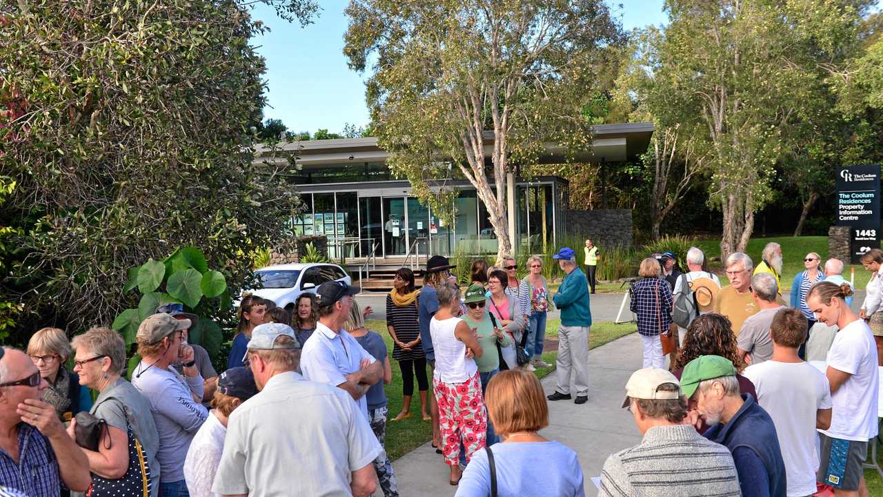 Community members try to gain admission to Sekisui forum outside Sekisui House back in May, 2016. Photo: John McCutcheon / Sunshine Coast Daily. Picture: John McCutcheon