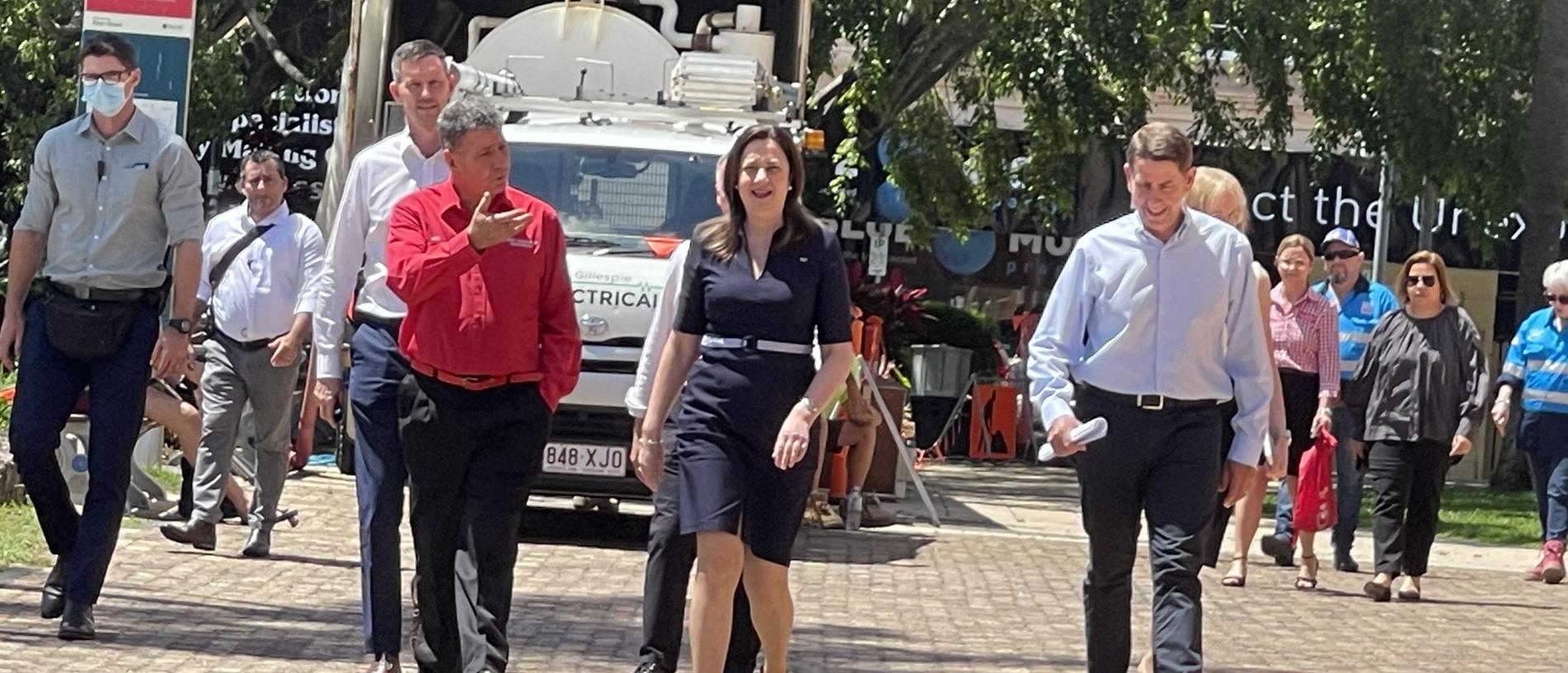 Premier Anastacia Palaszczuk in Maryborough with its MP Bruce Saunders and Transport Minister Mark Bailey.