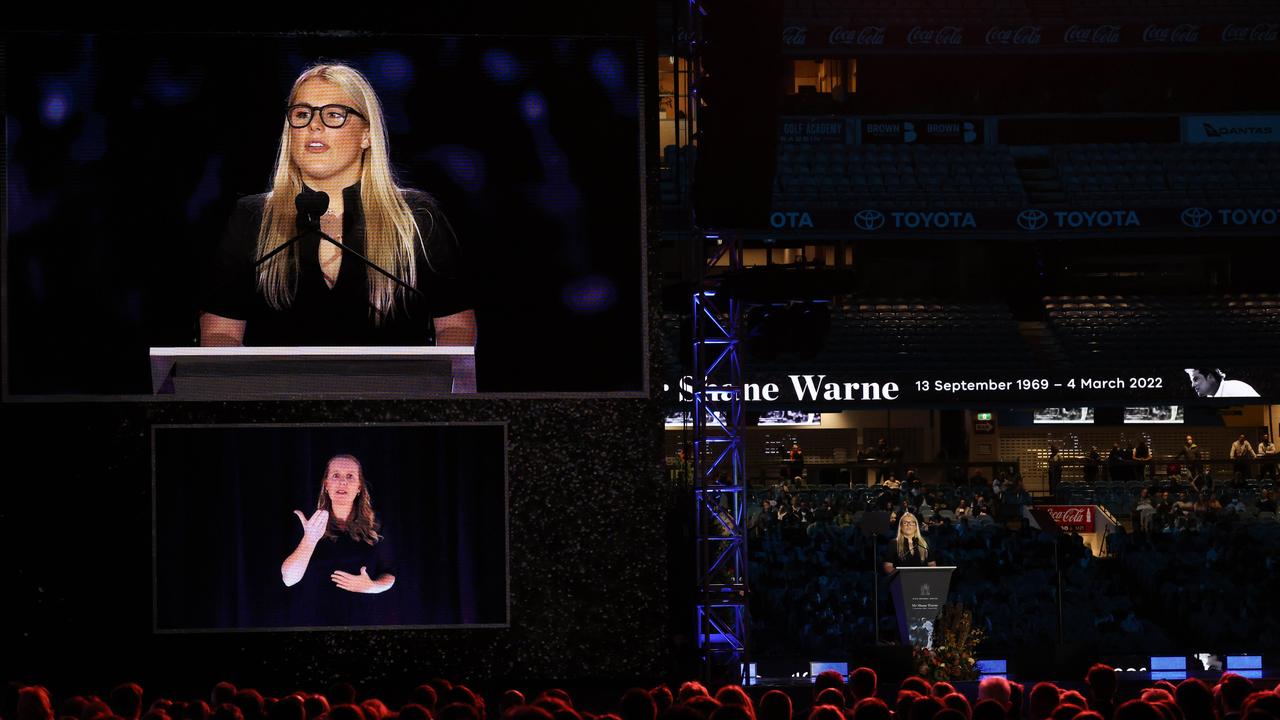 Ms Warne spoke at the State Memorial Service held in honour of her father last year. Picture : NCA NewsWire / Ian Currie