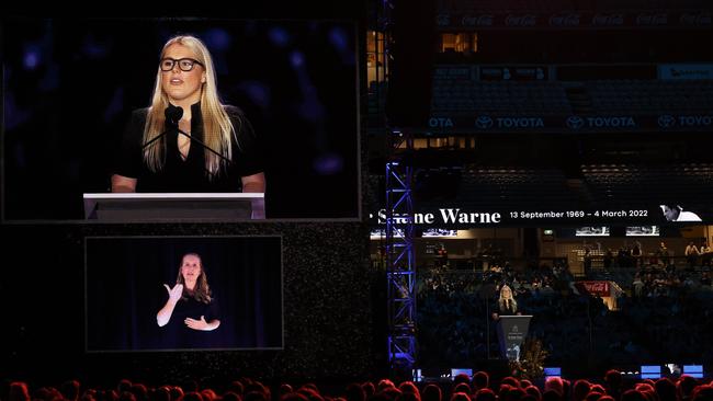 Ms Warne spoke at the State Memorial Service held in honour of her father last year. Picture : NCA NewsWire / Ian Currie