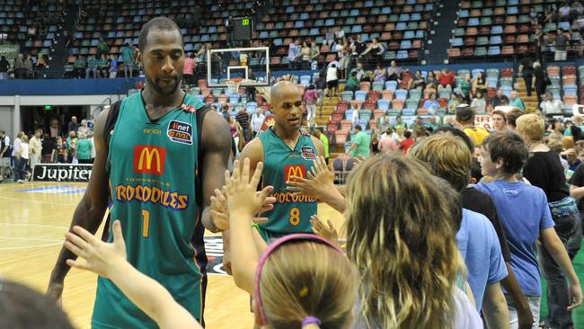 Townsville Crocs VS Gold Coast Blaze at the Swamp in Townsville. Crocs win against the Blaze. Elvin Mims ads Eddie Gill with fans.