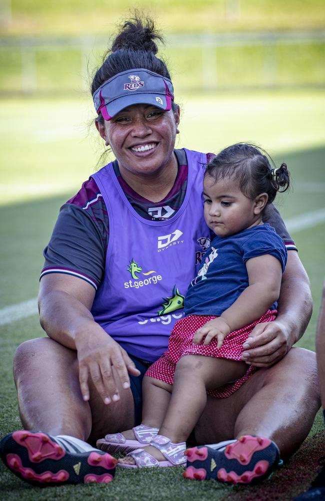 Queensland women's rugby player Hilisha Samoa with one-year-old daughter Monica