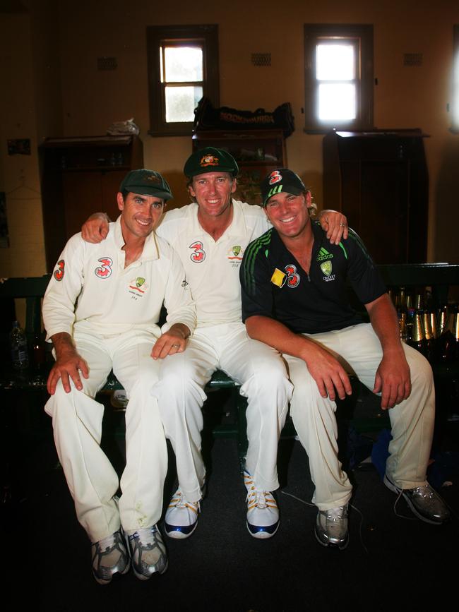 Australia's Justin Langer, Glenn McGrath and Shane Warne in the dressing rooms of the SCG for the last time. Picture: Phil Hillyard