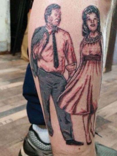 Derrick Belan’s tattoo of his parents on his leg.