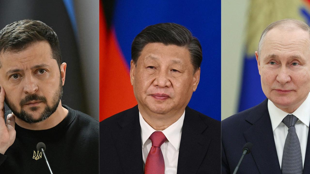 Volodymyr Zelensky (L) Xi Jinping (C), and Russian President Vladimir Putin (R). The Chinese and Russian leaders will meet to forge further ties and oppose “unilateralism and bullying.” Picture: AFP
