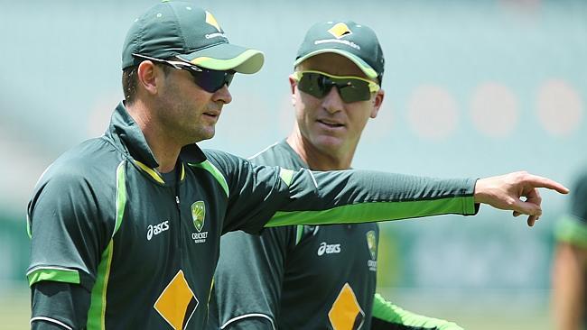 Captain Michael Clarke and new vice-captain Brad Haddin speaks during Australian training. (Photo by Morne de Klerk/Getty Images)