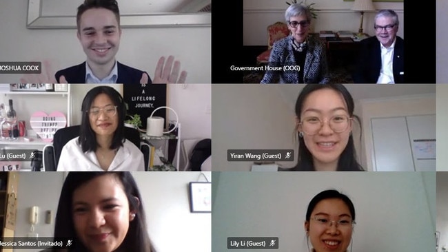 Governor Linda Dessau made the transition from in-person meetings to Zoom meetings. Here she is talking to Global Victoria boss Gonul Serbest. Picture: Supplied