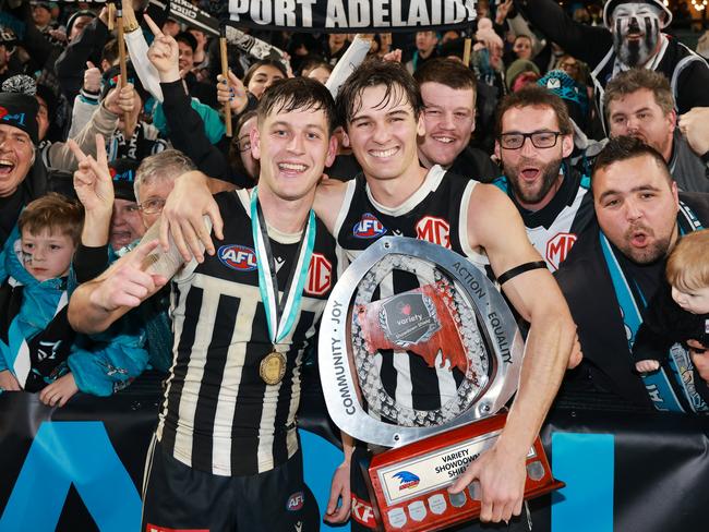 Zak Butters and Connor Rozee after the win. Picture: James Elsby/AFL Photos