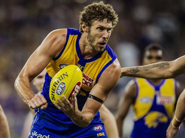 Tom Hickey of the Eagles during the Round 4 AFL match between the West Coast Eagles and the Fremantle Dockers at Optus Stadium in Perth, Saturday, April 13, 2019. (AAP Image/Tony McDonough)  NO ARCHIVING, EDITORIAL USE ONLY