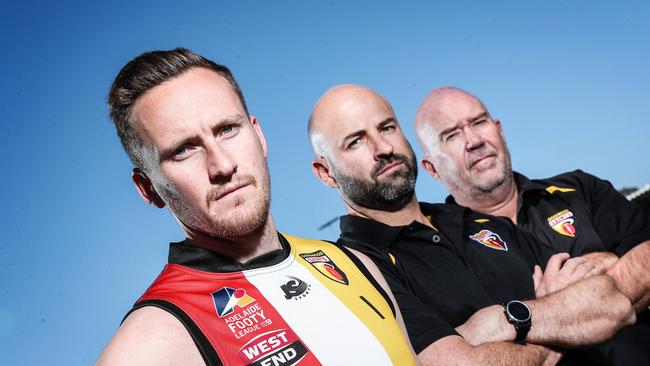 Goodwood Saints veteran Lou Whitelock with coach Luke Donaldson and club stalwart Craig Kirkbright. Picture: Sarah Reed