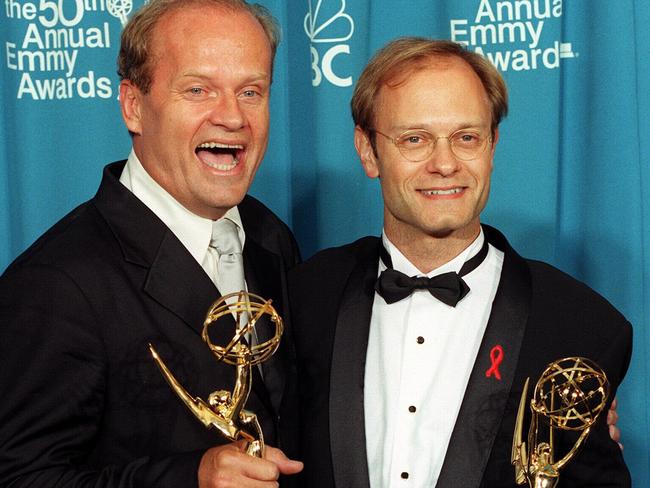 Kelsey Grammer (L) and David Hyde Pierce accept Emmy Awards for roles in Frasier in 1998. Picture: Supplied