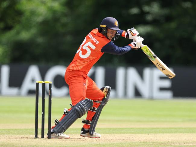 Scott Edwards of Netherlands cuts the ball away during the 2nd One Day International between Netherlands and England at VRA Cricket Ground on June 19, 2022 in Amstelveen, Netherlands. (Photo by Richard Heathcote/Getty Images)