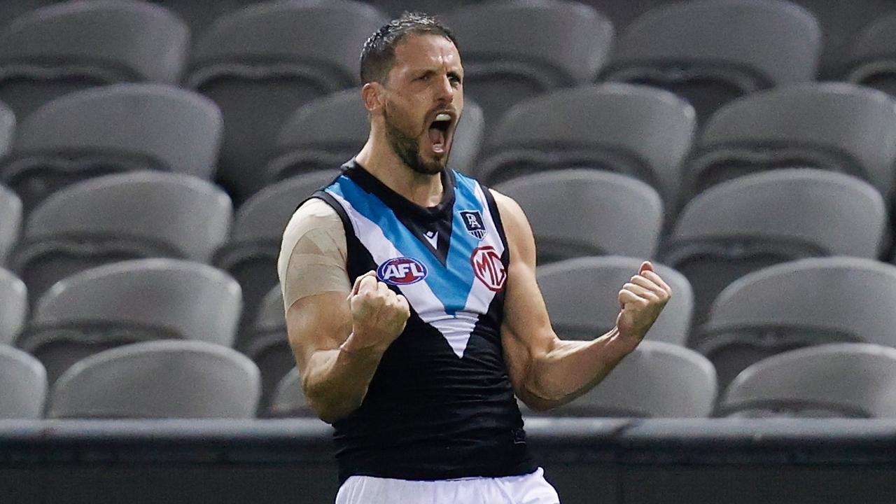 Travis Boak of the Power celebrates a goal.