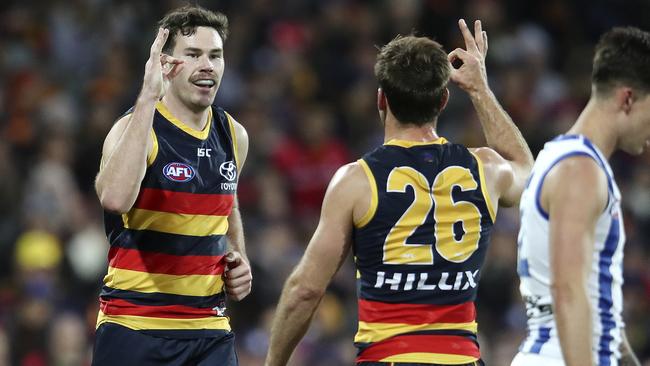 Mitch McGovern celebrates a goal with Richard Douglas. Picture: Sarah Reed