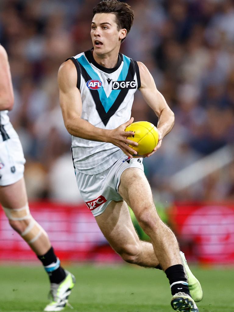 Connor Rozee in action against Brisbane last weekend. Picture: Michael Willson/AFL Photos via Getty Images