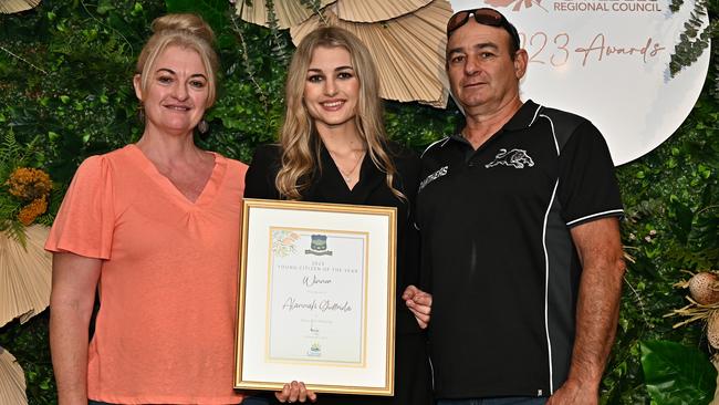 Alannah Giuffrida with parents Jenny and Jessy Giuffrida at the 2023 Cairns Regional Council’s Australia Day Awards Ceremony. Picture: Emily Barker