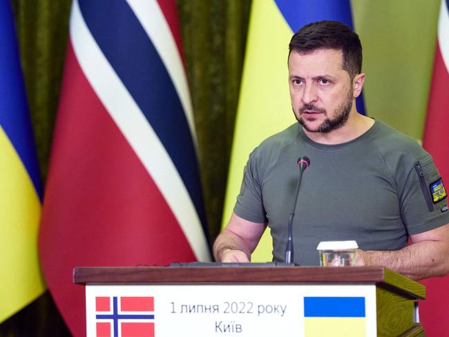 Ukrainian President Volodymyr Zelensky at a press conference with the Norwegian prime minister on Friday. Picture: AFP