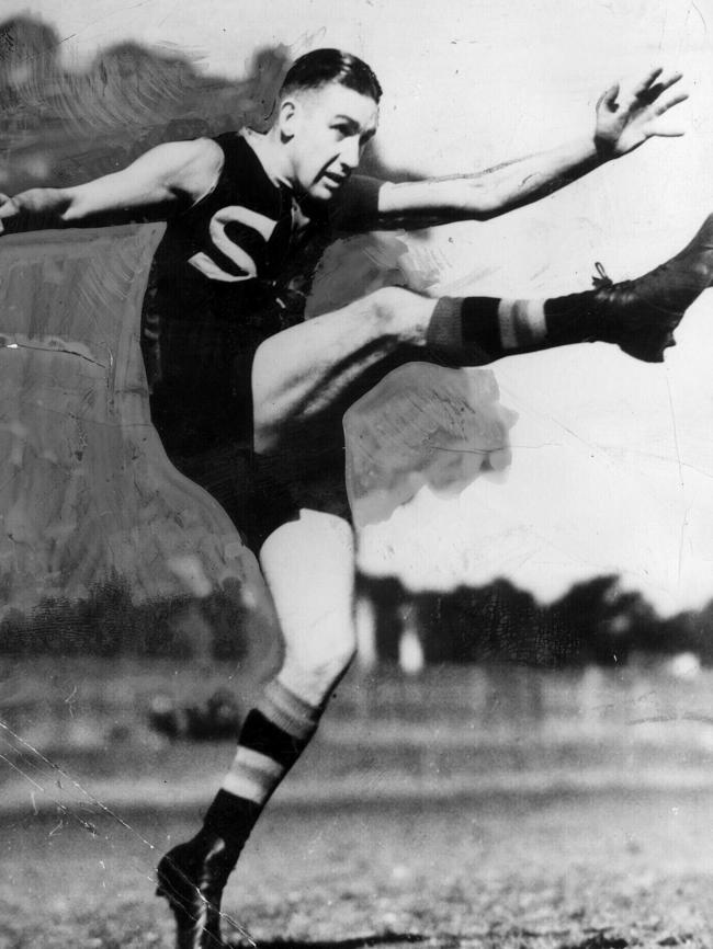 North Adelaide goalkicking champion Ken Farmer in his iconic pose.