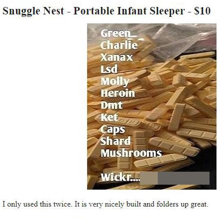 A range of drugs for sale under an ad for a portable baby sleeper. Picture: Craigslist