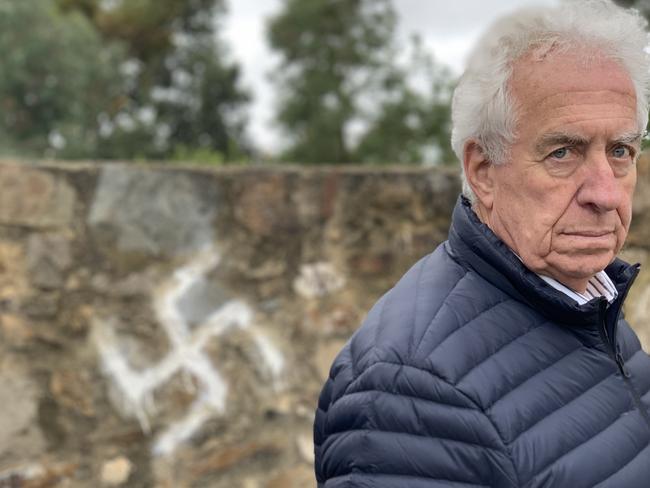 Jewish Community Council of SA government and public liaison Norman Schirmer condemns the Nazi swastika graffiti on Chessington Ave behind Frewville Foodland. Picture: Tara Miko