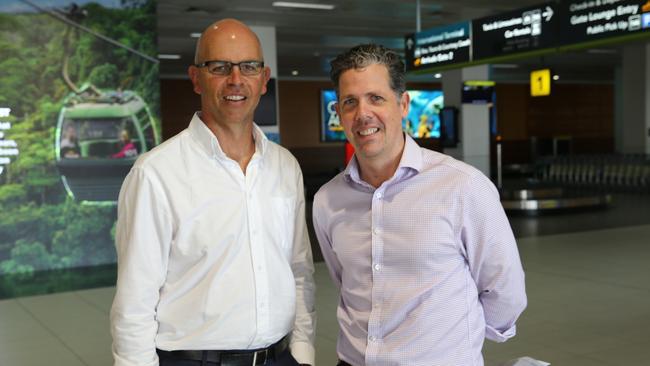 Cairns Airport CEO Richard Barker and Tourism Tropical North CEO Mark Olsen. Mr Olsen will attend the regional forum to lobby for new aviation routes as well as building infrastructure to support long-term sports tourism. Picture: Jack Lawrie.