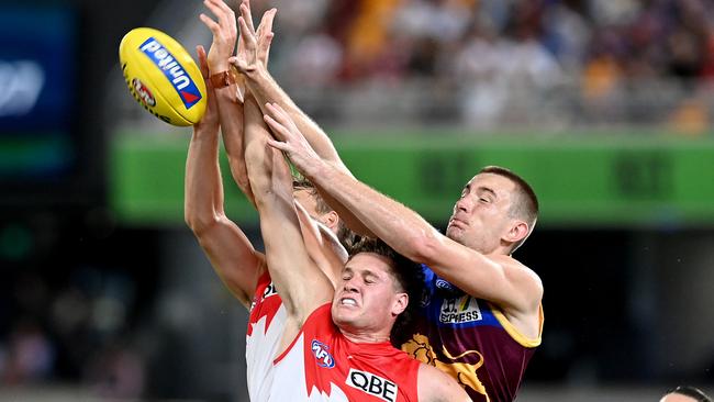 Harris Andrews competes for a mark against Sydney in Round 1. Picture: Bradley Kanaris/Getty Images