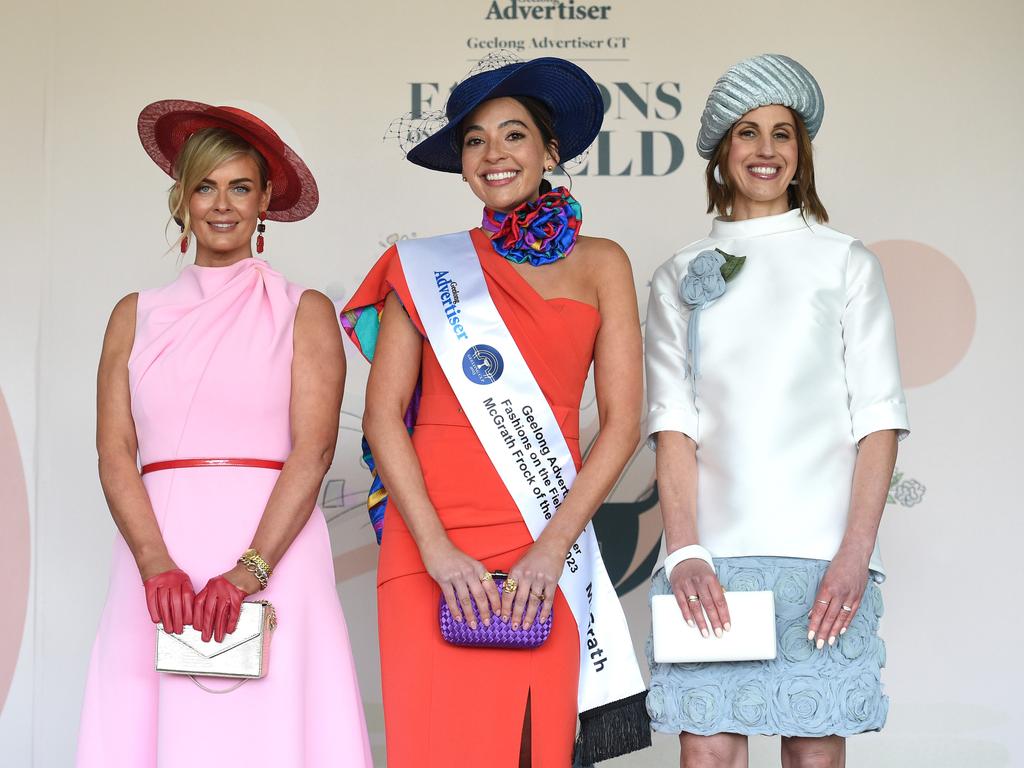 Tara Mathuranayagam, Frock of the Day Winner: Layce Renee Vocale, and Cass Pisarskis at Fashions on the Field at Geelong Cup. Picture: David Smith