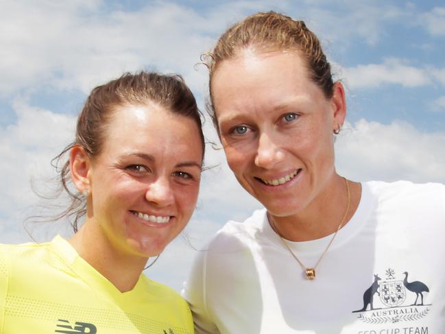 L-R Casey Dellacqua and Sam Stosur will play the two singles rubbers on day one. Fed Cup draw at MONA for the tie between Australia and Russia in Hobart.